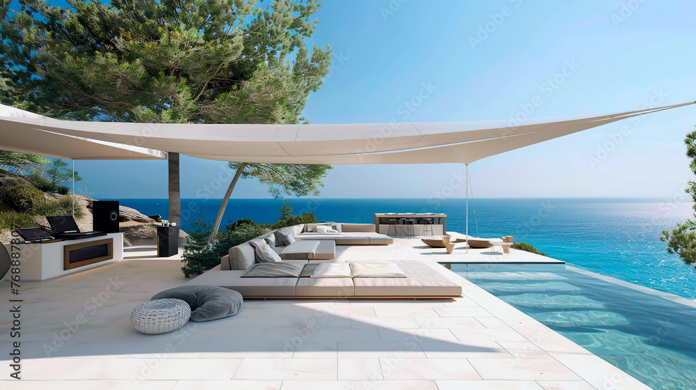 Fototapeta premium Sea view. A luxury modern white beach hotel with swimming pool. Sunbed on sundeck for vacation home or hotel 