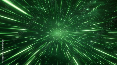 Neon speed light abstract background. The effect of a burst of laser beam energy. Movement of green luminous lines in space.