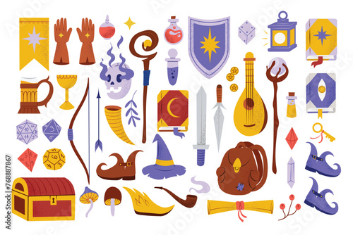 Big set with RPG adventure board game, Dungeons and Dragons role playing game with dice illustrations collection. Hand drawn vector, isolated on white