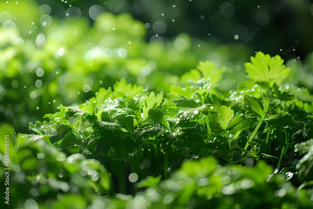 Beautiful green plants with water drops, sunlight and bokeh background. Ai generated. Beautiful green plants with water drops, sunlight and bokeh background. Ai generated.