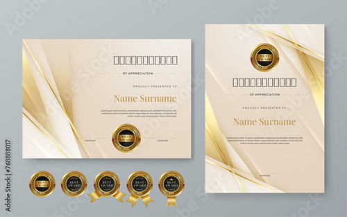 Beige white and gold certificate design with luxury and modern certificate award design template pattern. Certificate of achievement, awards diploma, education, school