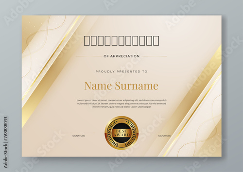 Beige white and gold certificate design with luxury and modern certificate award design template pattern. Certificate of achievement, awards diploma, education, school