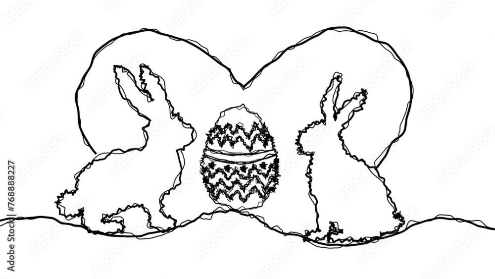 Easter Egg And Two Bunnies With Heart Line Animations In The Loop Line