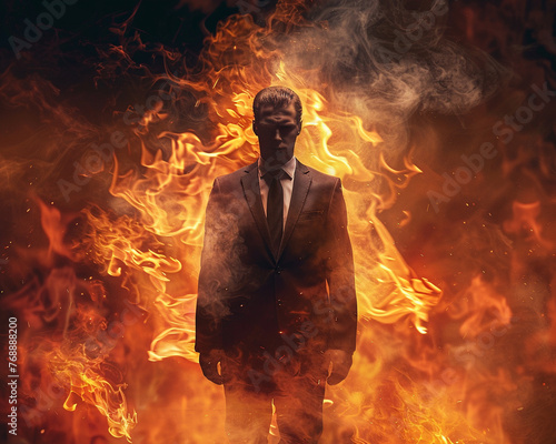 A devilish figure dressed in a sleek business suit, surrounded by flames of anger,