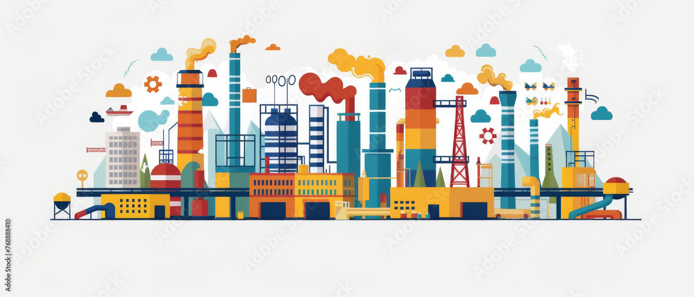 A vibrant and stylized depiction of industrial buildings, factories, and pollution within a busy production zone.