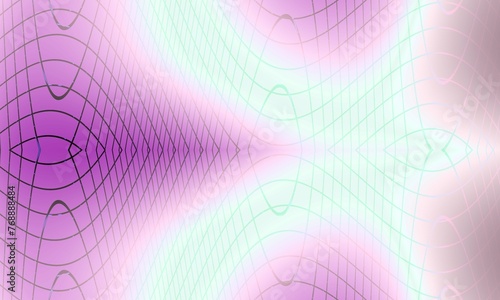 The image is of a pink and purple gradient background with a white grid pattern and a few purple and black squiggly lines in the center.