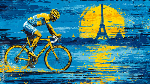 A man is riding a bicycle in front of the Eiffel Tower. The painting is a mix of blue and yellow colors, giving it a vibrant and energetic feel