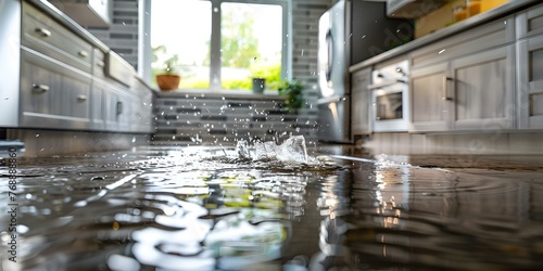 Water leak in kitchen causing property damage requiring insurance claim for repairs due to flooding. Concept Water damage insurance claim, Kitchen flooding, Property repair, Emergency repairs photo