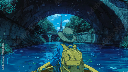 A man in a yellow backpack is in a boat on a river. The man is looking at the camera
