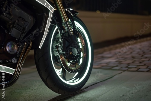 motorcycle wheel with reflective rim tape for night visibility photo