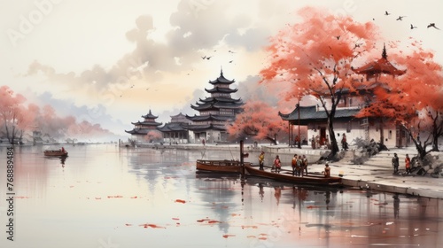 An illustration of a Chinese riverside town with people and boats photo