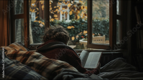 A person is seated on a couch, engrossed in a book that they are reading