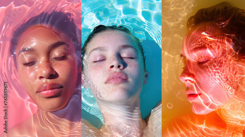 Three women, eyes closed, in water photo