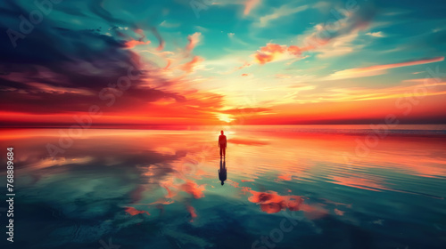 A person is standing in the middle of a body of water, surrounded by water with no land in sight photo