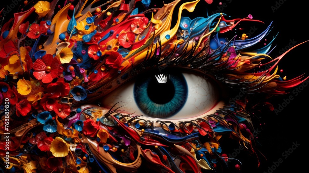 Eye with colorful 3D flowers and paint splatters