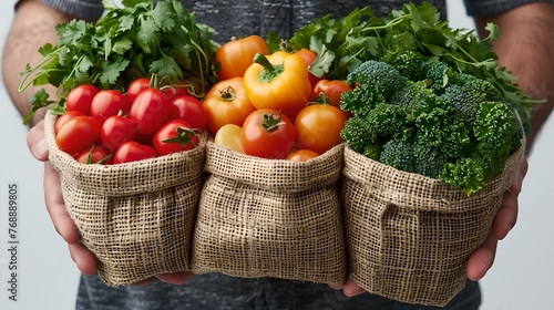 Fresh produce in three burlap baskets held by hands, ripe tomatoes and leafy greens. Vibrant colors and healthy lifestyle concept. Perfect for culinary themes. AI