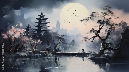 A traditional Japanese village with a pagoda and a bridge over a river with cherry blossom trees in the foreground and a full moon in the background