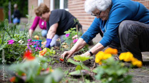 Elderly women, dressed in casual clothing, are actively tending to plants and vegetables in a garden surrounded by various tools and pots © sommersby