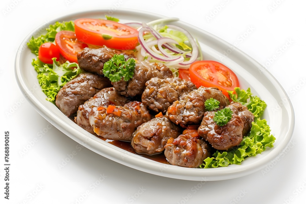 Close-Up of Skewered Kebabs with Vegetable Filling on White Tray, Isolated White Background