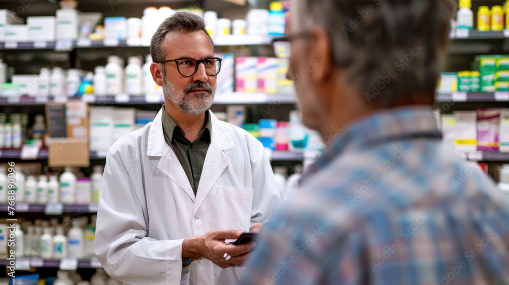 Mature beraded pharmacist in glasses wearing a white coat is speaking to a customer at the counter in a pharmacy setting Mature beraded pharmacist in glasses wearing a white coat is speaking to a customer at the counter in a pharmacy setting