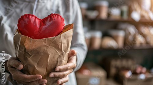 A close-up of hands holding a paper bag with a fabric heart, symbolizing love and care in grocery shopping