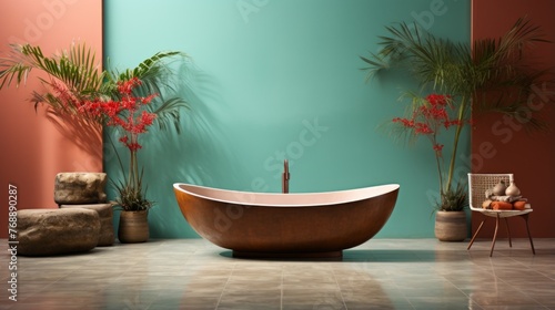 Freestanding copper bathtub in front of green wall with pink accents
