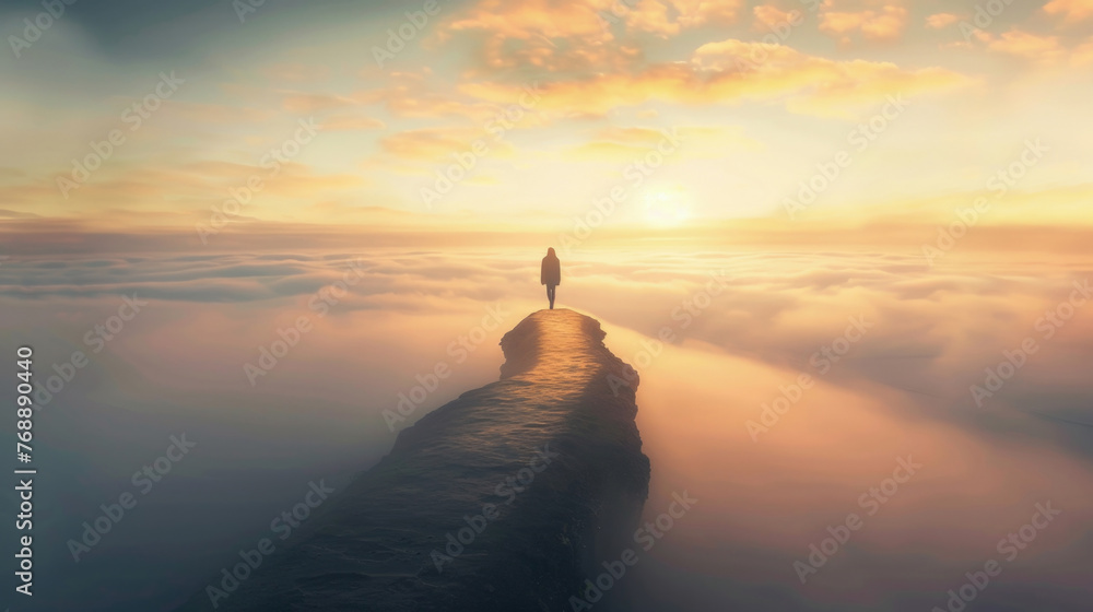 A person confidently stands at the edge of a cliff, overlooking a sea of clouds below