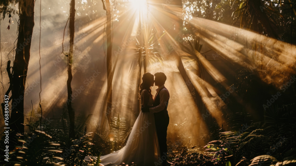 A bride and groom stand under the dappled sunlight shining through the trees in a forest setting - obrazy, fototapety, plakaty 