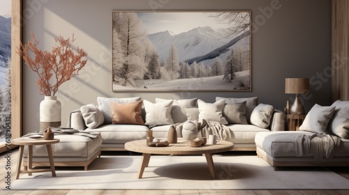 A modern living room with a large painting of a snowy forest on the wall photo