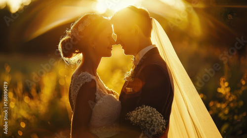 A bride and groom kissing affectionately as the sun sets in the background, creating a romantic silhouette against the sky