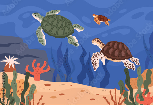 Sea turtles swimming. Vector illustration set