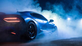 Modern sport car in smoke. Drifting and racing concept. Blue tones.