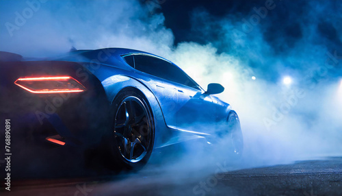 Modern sport car in smoke. Drifting and racing concept. Blue tones. photo