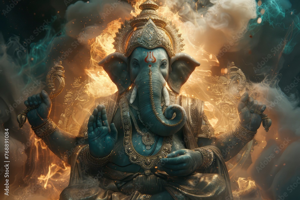 A dynamic digital art piece featuring Lord Ganesha surrounded by flowing, colorful energy waves on a darken background. generative ai
