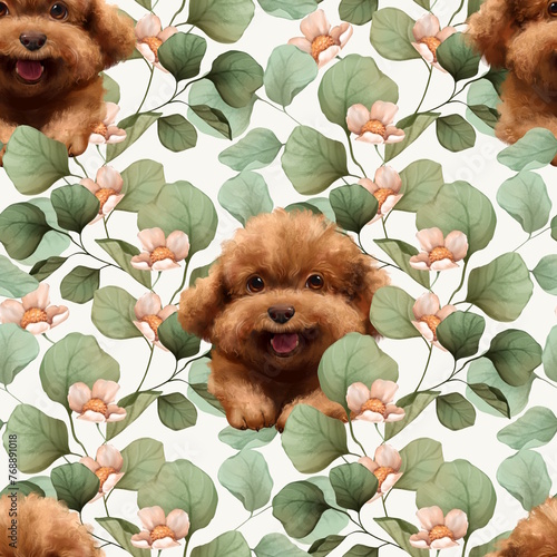 Canvas Print Seamless pattern with cute poodle dogs and flowers