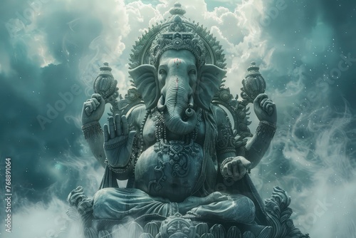 A dynamic digital art piece featuring Lord Ganesha surrounded by flowing, colorful energy waves on a darken background. generative ai  © Mina Nida