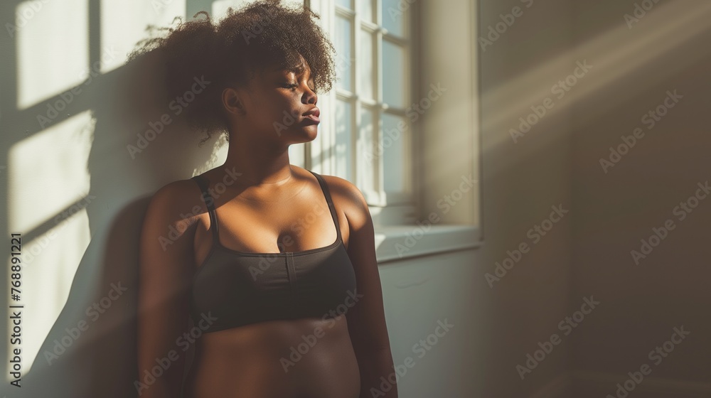 A woman who is overweight and their journey towards self-acceptance. - obrazy, fototapety, plakaty 