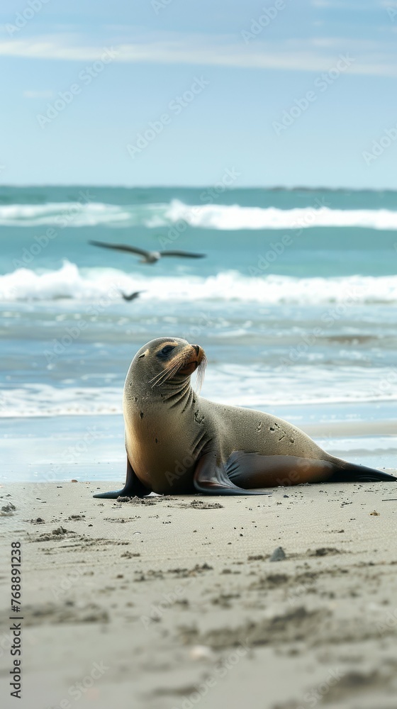 Fototapeta premium Seal on a Beach Blending with Pristine Sands and Shimmering Waters