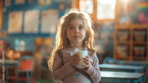 The child in school  is drinking milk in the morning with a happy face.