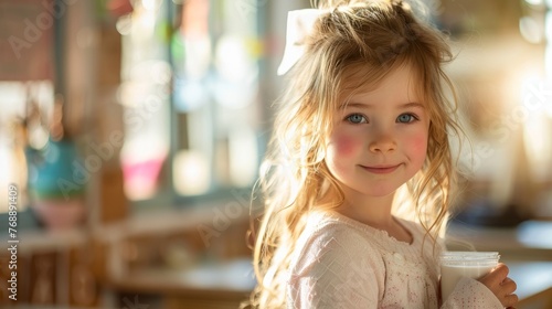 The child in school  is drinking milk in the morning with a happy face.