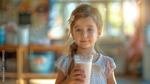The child in school  is drinking milk in the morning with a happy face.