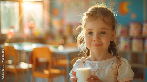 The child in school  is drinking milk in the morning with a happy face.