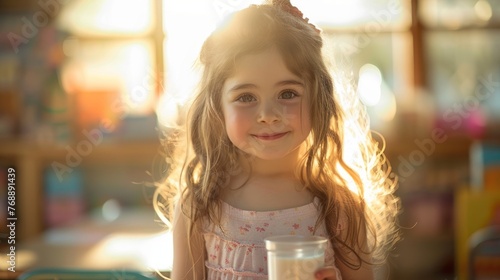 The child in school  is drinking milk in the morning with a happy face.