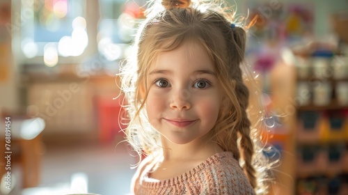 The child in school  is drinking milk in the morning with a happy face.