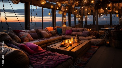 Cozy living room with a view of the city at sunset