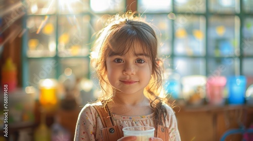 The child in school  is drinking milk in the morning with a happy face.