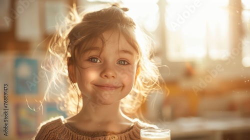 The child in school  is drinking milk in the morning with a happy face.