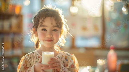 The child in school  is drinking milk in the morning with a happy face.
