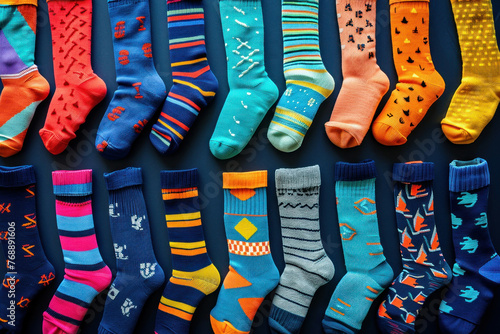 Colorful array of vibrant socks lined up neatly on a blue background, showcasing a variety of patterns and styles