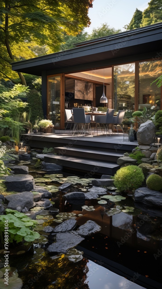 Black modern house with pond and garden